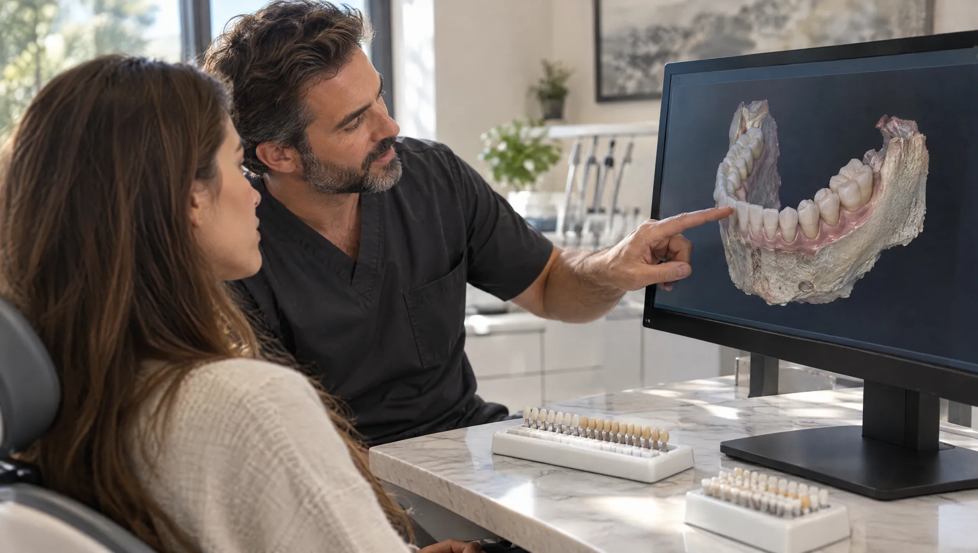 A dentist shows a patient the 3D scan of her teeth