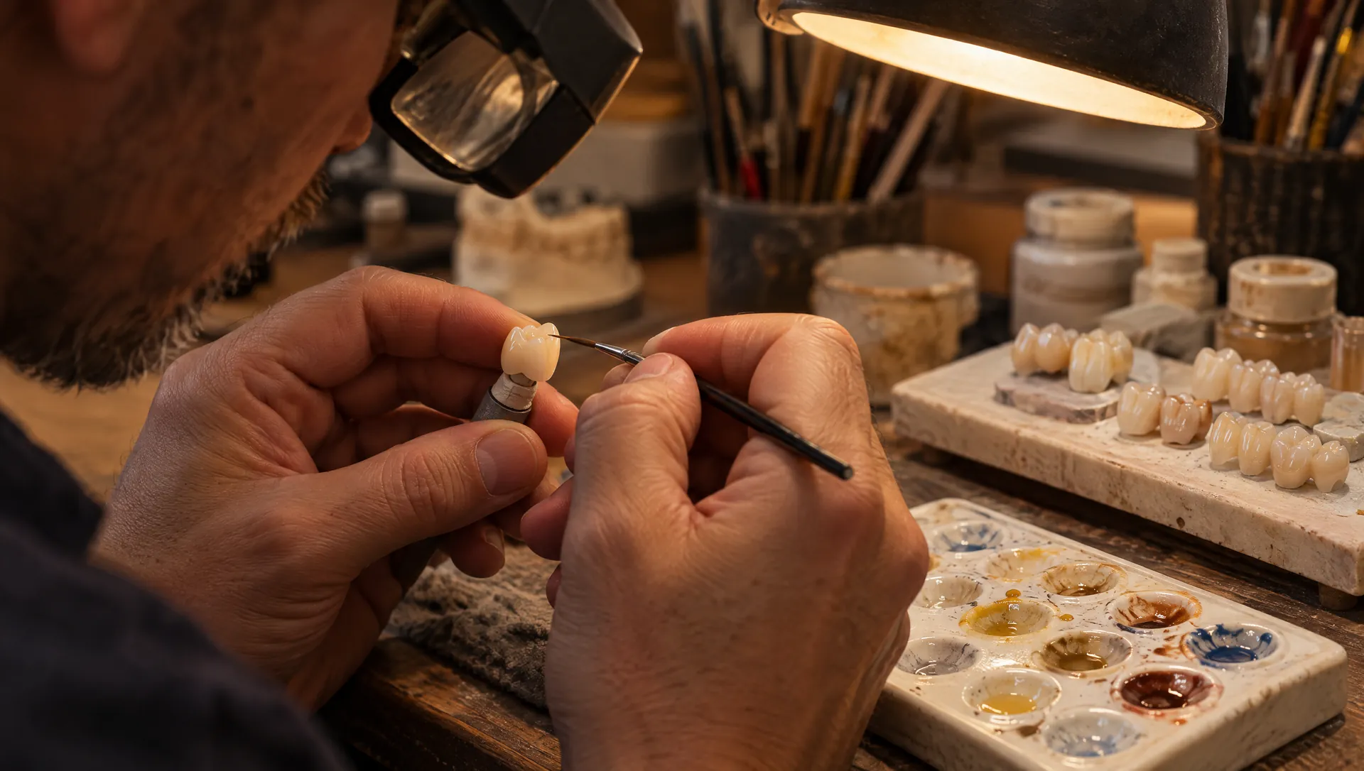 A master ceramist hand-painting a porcelain crown
