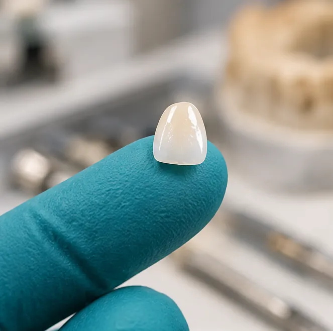 A porcelain veneer on a gloved fingertip